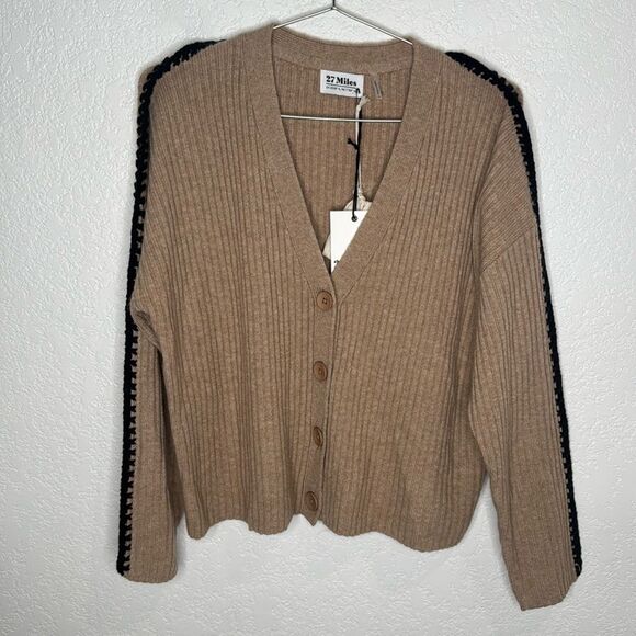 NWT 27 Miles Malibu Leila Wool Cashmere Cardigan Tan/Black XS - Picture 2 of 14